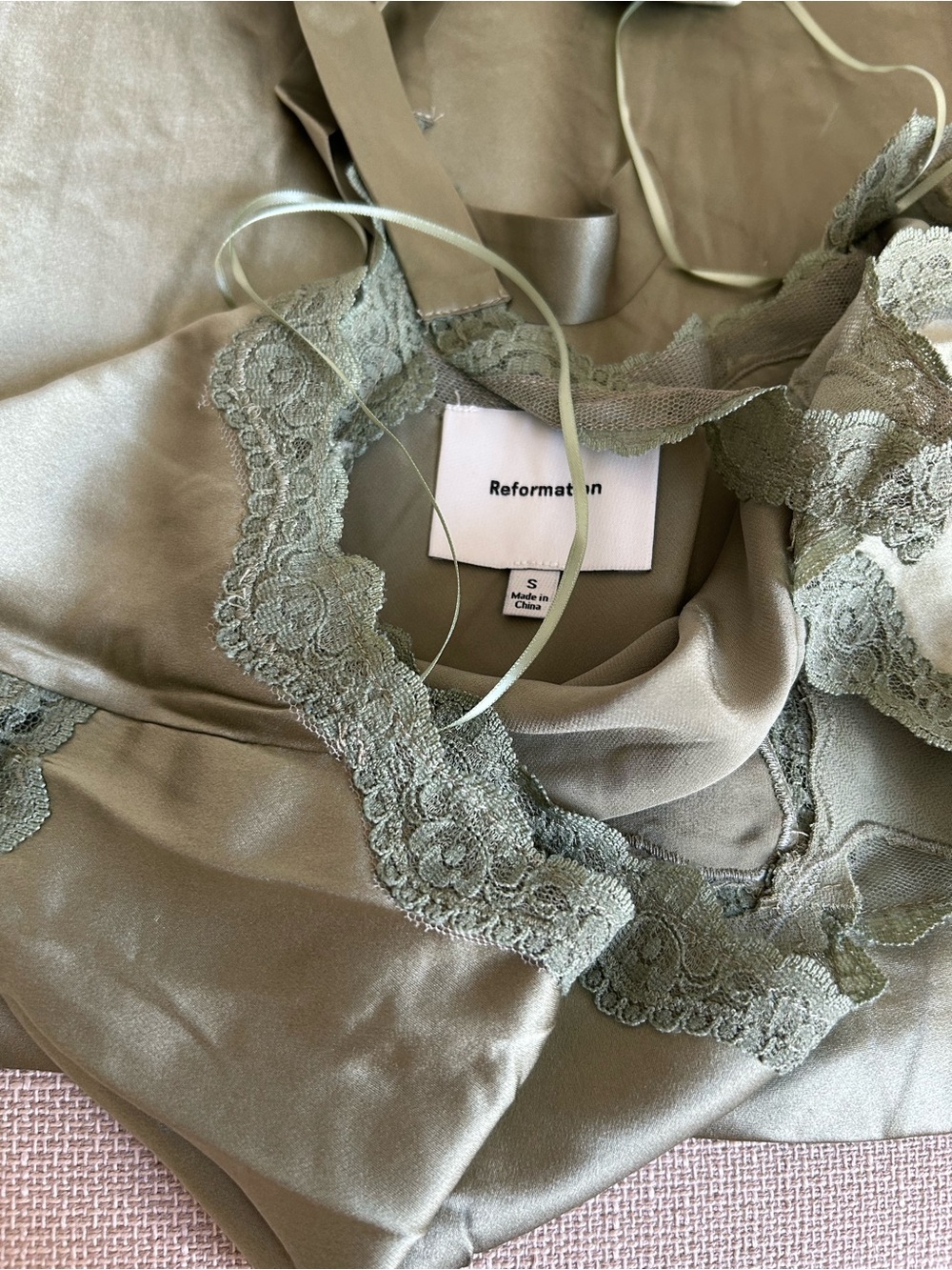 Reformation Nora Midi Dress Small Artichoke Green Silk French Lace Cocktail - Picture 6 of 8